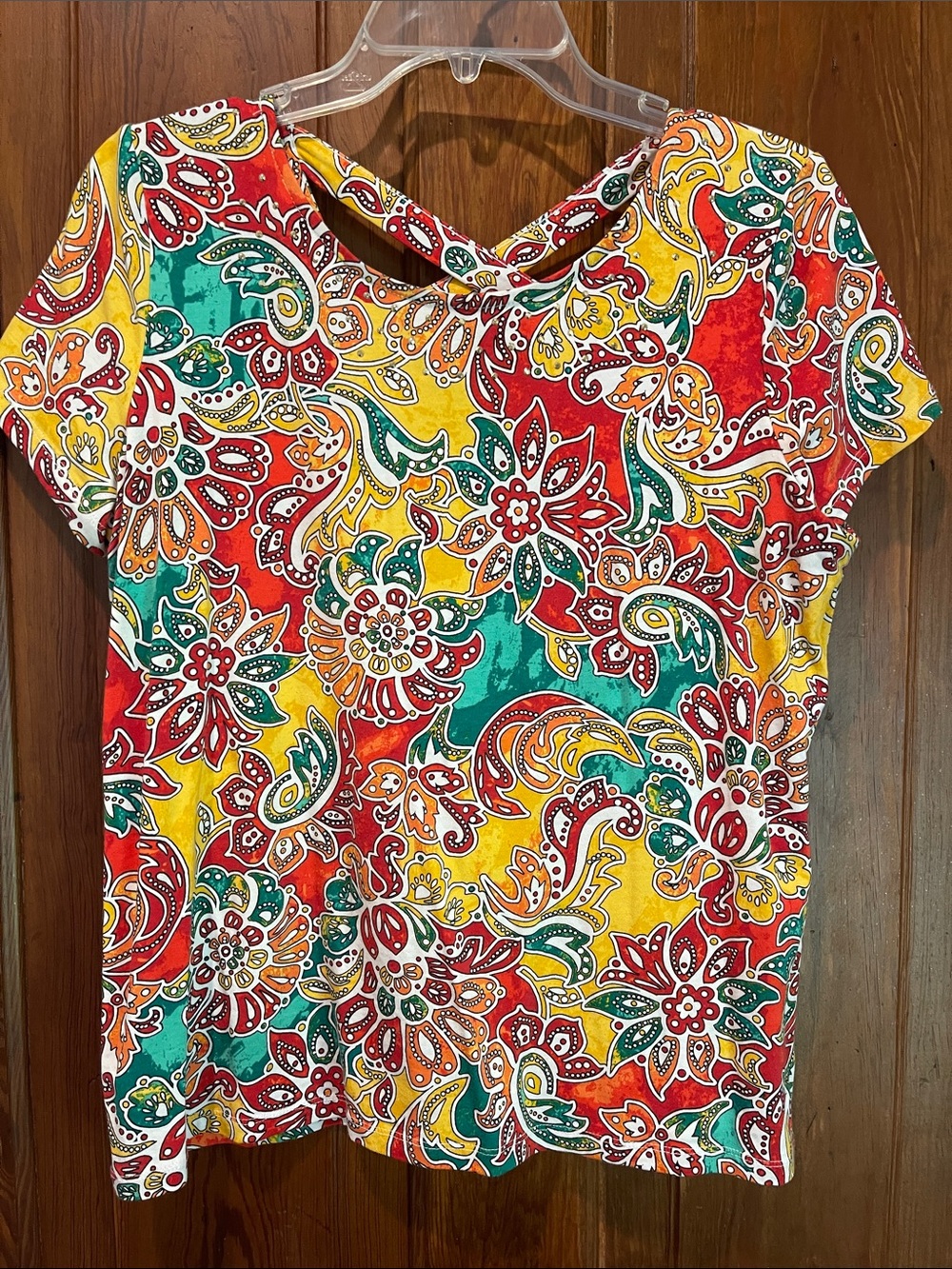 Rafaella Short Sleeve Paisley Floral Tee - Red, Yellow & Green